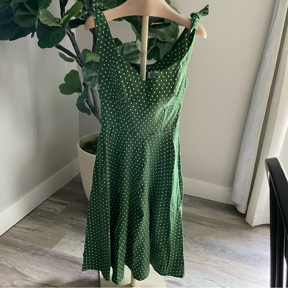 Unique Vintage Green Polka Dot Midi Dress